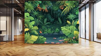 Vibrant Jungle Illustration with Diverse Flora and Fauna Wall mural