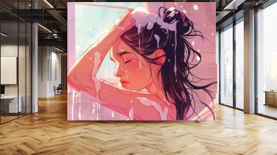 Young Girl Using Shampoo to Wash Her Hair Wall mural