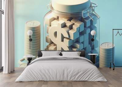 Dollar Cubes in Savings Jar: Minimalist 3D render of a glass jar filled with dollar sign cubes, surrounded by stacks of coins, symbolizing wealth, savings, and financial security.  Wall mural