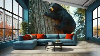 4K Realistic Giant sequoia with black bear climbing trunk Wall mural