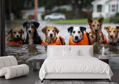 5 cute dogs wearing flotation vests floating in water from hurricane.  Wall mural