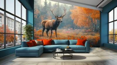 A beautiful, majestic deer stands alone in the midst of a field with autumn trees and flowers.  Wall mural