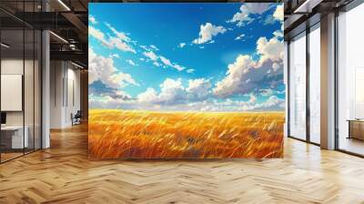 a beautiful autumn inspired grass field with a lot of clouds on the sky, anime artwork Wall mural