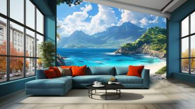 A beautiful beach scene with turquoise waters, mountainous backdrop, and a tranquil coastal ambiance.  Wall mural