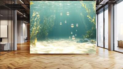 A calm subaquatic environment with flowing seaweed, softly shimmering marine life, and tranquil bubbles rising silently through the water.  Wall mural