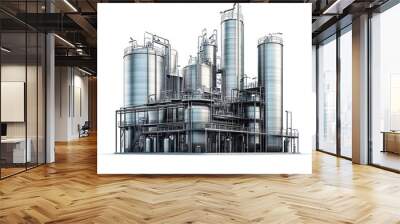 A chemical factory building with large storage tanks and pipes, industrial design, 3D rendering, metallic tones, isolated on white background  Wall mural