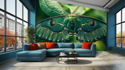 A close-up of a beautiful green moth with large, intricate wings.  Wall mural