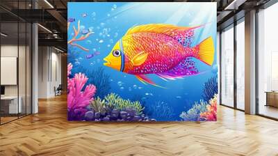 A colorful tropical fish swimming in the ocean, surrounded by coral reefs and marine life. colorful tropical fish in a coral reef on blue sea background Wall mural