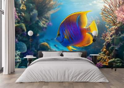 A colorful tropical fish swimming in the ocean, surrounded by coral reefs and marine life..colorful tropical fish in a coral reef on blue sea background  Wall mural