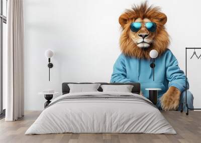 A Funny Lion in a blue sweatshirt and sunglasses sits with a suitcase on a white background  Wall mural