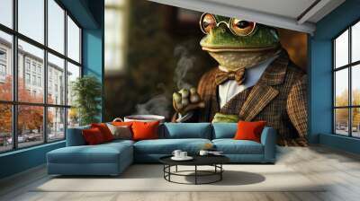 A gentleman frog at a tea party: charming portrait of a frog in a suit and glasses enjoying a cup of tea  Wall mural