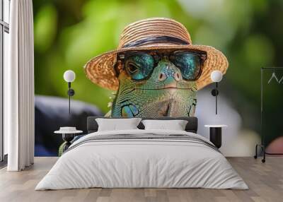 A green iguana wearing a straw hat and sunglasses, looking like he's ready for summer vacation. Wall mural