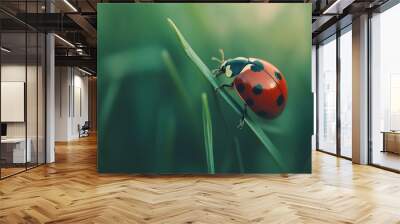 A macro shot of a ladybug crawling on a blade of grass, focusing on its bright red shell with black spots. Wall mural