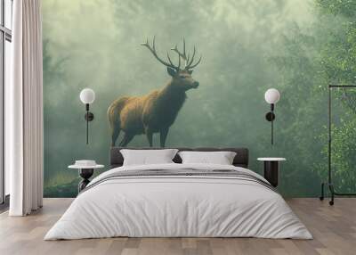 A majestic deer stands tall against a misty forest backdrop. Wall mural