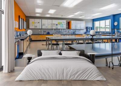 A middle school science classroom with lab stations and a safety shower.  Wall mural