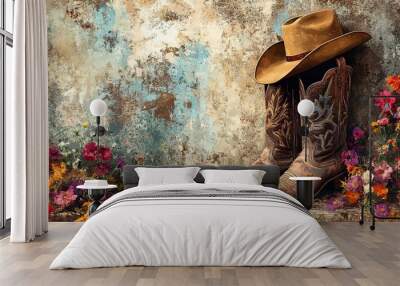 A pair of cowboy boots and a hat resting against a rustic wall, surrounded by flowers Wall mural