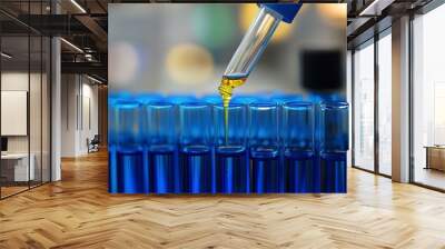 A precision pipette depositing yellow liquid into a row of blue-filled test tubes in a lab setting  Wall mural