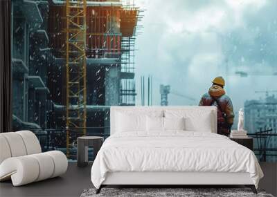 A real construction worker at a high-rise construction site on a cold winter day Wall mural