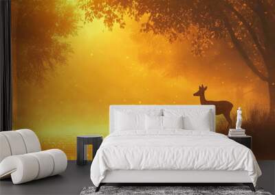 A serene scene of a deer standing in a golden, misty landscape, evoking tranquility and the beauty of nature at dawn. Wall mural