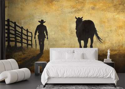 A shadow cowboy leads his horse to the stables, creating an idyllic picture on the ranch Wall mural