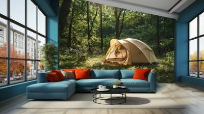 A spacious dome tent set up in a serene forest clearing, surrounded by lush greenery and dappled sunlight  Wall mural