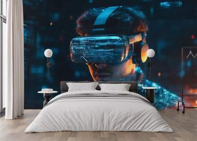 A young man wearing VR headset, playing with his goggles in a futuristic cyber world - Virtual reality, innovation and new technology abstract concept Wall mural