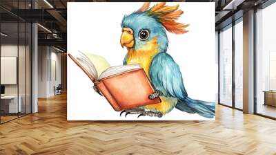 Adorable, clever watercolor Bird reading a book, character illustration isolated on a white background  Wall mural