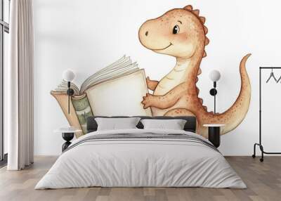 Adorable, clever watercolor Dinosour reading a book, character illustration isolated on a white background Wall mural