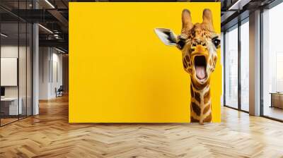 Amazed surprised giraffe pet with a curious face with open mouth at on yellow background. Website banner concept. Advertising postcards, notebooks. Wall mural