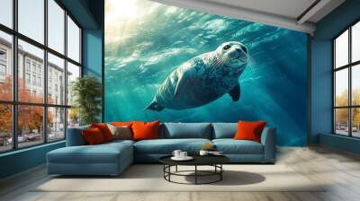 an adorable seal swimming beneath the sun-dappled surface of the sea  Wall mural