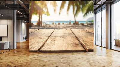 An empty wooden table closeup banner, tropical beach cafe. Sunny summer background with holiday mood for product display and advertisement with copy space for text.  Wall mural