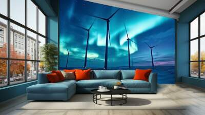 Aurora borealis and wind generators, green energy producing concept Wall mural