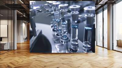 Automated syringe filling line, close-up, precise mechanical movements, sterile environment  Wall mural