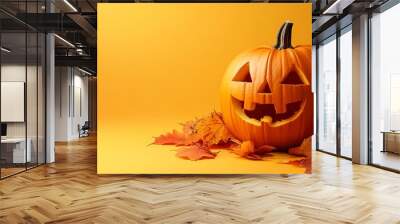 Autumn Pumpkin. Halloween Jack-o-lantern Decorations on Yellow-Orange Background Wall mural