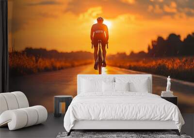 Back view silhouette shadow of a cyclist riding a bicycle on asphalt road at orange twilight dusk sunset sky. Summer outdoor activity and lifestyle, healthy male evening travel. Wall mural