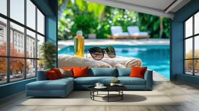 Beach towels, sunglasses and sunscreen on sun lounger near outdoor swimming pool at luxury resort Wall mural