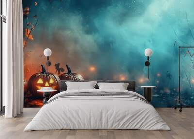 Beautiful festive background for Halloween with pumpkins and fog Wall mural