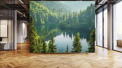 Beautiful landscape view of green summer forest with spruce and pine trees mountain, lake, river. Wall mural