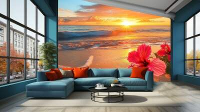 Beautiful sunset with hibiscus flowers on sandy beach  Wall mural