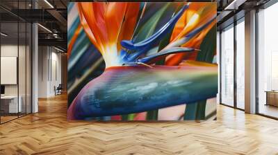 Bird of paradise, close-up, vivid orange and blue, soft natural light, sharp detail, tropical foliage backdrop.  Wall mural