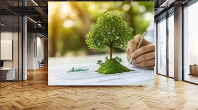 Businessman planning on environmental protection initiative for clean and sustainable future ecology, ESG environmental social governance display on paper chart on eco-friendly company  Wall mural