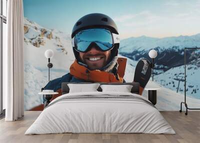 Capture the essence of winter fun with a skiing or snowboarding selfie on a snowy mountainside Wall mural