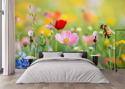 close-up of a bee collecting nectar from wildflowers in a vibrant summer field  Wall mural