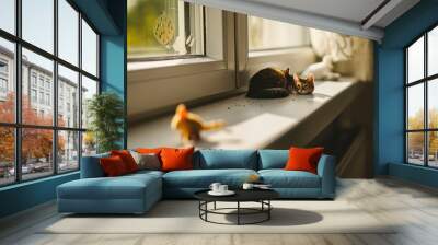 Close-up of a window with pet toys on the sill, natural light, sharp details, macro focus, cozy home with pets.  Wall mural