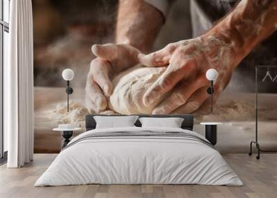 Close-up of hands shaping dough for artisan breads, with flour dusting the air, in a warm, inviting bakery setting.  Wall mural