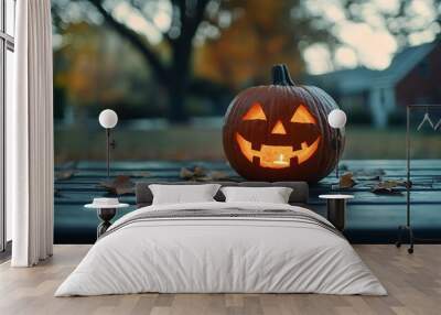 Closeup on a halloween jack o lantern pumpkin sitting on a suburb backyard picnic table with candle inside  Wall mural