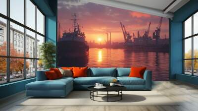 Coastal factory with ships docked at an industrial port and cranes loading containers soft sunset lighting shot Wall mural