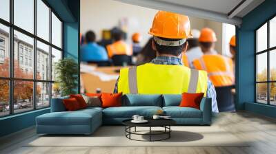 Construction workers in safety gear attending a training session in a classroom setting, focusing on safety protocols and job skills. Wall mural