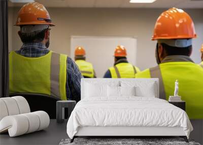 Construction workers in safety gear attending a training session in a classroom setting, focusing on safety protocols and job skills Wall mural