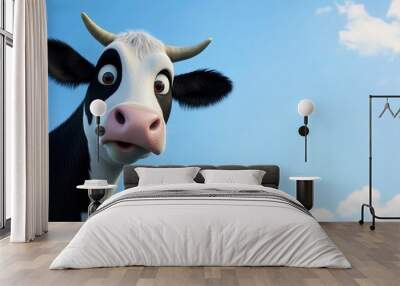 cow isolated on white, black and white gentle surprised look, pink nose, in front of a blue sky.  Wall mural